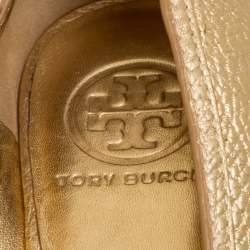Pre Owned Tory Burch Gold Leather Peep Toe Wedge Pumps Size 40