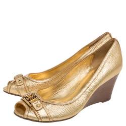 Pre Owned Tory Burch Gold Leather Peep Toe Wedge Pumps Size 40