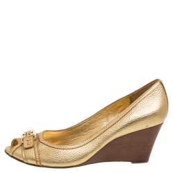 Pre Owned Tory Burch Gold Leather Peep Toe Wedge Pumps Size 40
