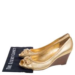 Pre Owned Tory Burch Gold Leather Peep Toe Wedge Pumps Size 40