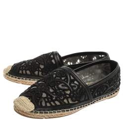 Pre Owned Tory Burch Black Leather And Mesh Espadrille Flats Size 38