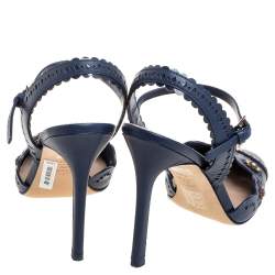 Pre Owned Tory Burch Blue Leather Floral Appliquéd Scalloped Marguerite Sandals Size 37.5