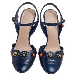 Pre Owned Tory Burch Blue Leather Floral Appliquéd Scalloped Marguerite Sandals Size 37.5