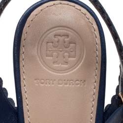Pre Owned Tory Burch Blue Leather Floral Appliquéd Scalloped Marguerite Sandals Size 37.5