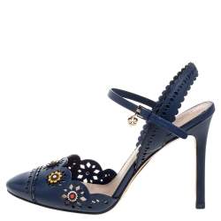 Pre Owned Tory Burch Blue Leather Floral Appliquéd Scalloped Marguerite Sandals Size 37.5