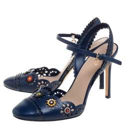 Pre Owned Tory Burch Blue Leather Floral Appliquéd Scalloped Marguerite Sandals Size 37.5