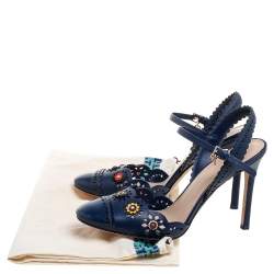 Pre Owned Tory Burch Blue Leather Floral Appliquéd Scalloped Marguerite Sandals Size 37.5