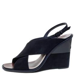 مملوكة مسبقًا Tory Burch Navy Blue Suede Gabrielle Slingback Wedge Sandals Size 38.5
