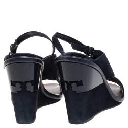 مملوكة مسبقًا Tory Burch Navy Blue Suede Gabrielle Slingback Wedge Sandals Size 38.5