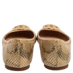 مملوكة مسبقًا Tory Burch Gold/Beige Python Print Leather Reva Ballet Flats Size 37.5