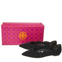 Pre Owned Tory Burch Black Suede Leyla Laser Cut Pointed Toe Ballet Flats Size 37.5