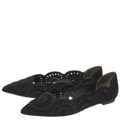 Pre Owned Tory Burch Black Suede Leyla Laser Cut Pointed Toe Ballet Flats Size 37.5