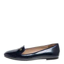 Tory Burch Navy Blue Patent Leather Samantha Smoking Slippers Size 38