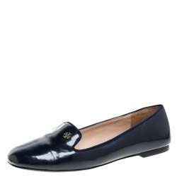 Tory Burch Navy Blue Patent Leather Samantha Smoking Slippers Size 38