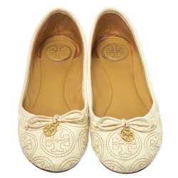Pre Owned Tory Burch White Leather Chelsea Stitched Ballet Flats Size 36
