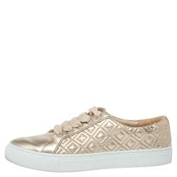 Pre Owned Tory Burch Light Gold Quilted Leather Marion Sneakers Size 38