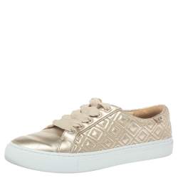 Pre Owned Tory Burch Light Gold Quilted Leather Marion Sneakers Size 38