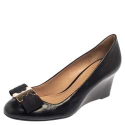 Pre Owned Tory Burch Black Gemini Link Bow Wedge Pumps Size 36.5