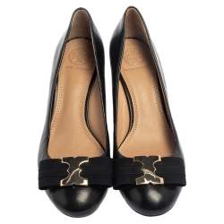 Pre Owned Tory Burch Black Gemini Link Bow Wedge Pumps Size 36.5
