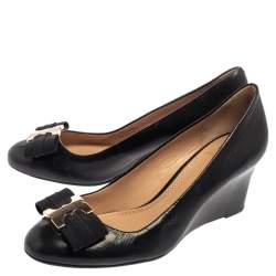 Pre Owned Tory Burch Black Gemini Link Bow Wedge Pumps Size 36.5