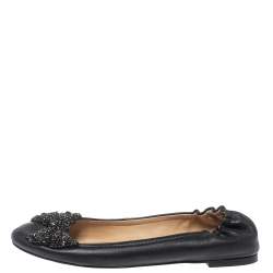 مملوكة مسبقًا Tory Burch Black Leather Azalea Scrunch Ballet Flats Size 39