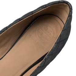 Pre Owned Tory Burch Grey Glitter Leather Reva Scrunch Ballet Flats Size 39.5