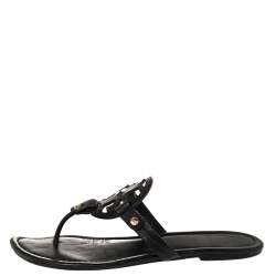 Pre Owned Tory Burch Black Leather Miller Slide Flats Size 39