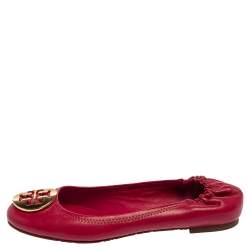 Pre Owned Tory Burch Magenta Leather Reva Scrunch Ballet Flats Size 38