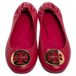 Pre Owned Tory Burch Magenta Leather Reva Scrunch Ballet Flats Size 38