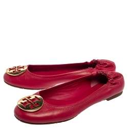 Pre Owned Tory Burch Magenta Leather Reva Scrunch Ballet Flats Size 38