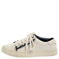 Pre Owned Tory Burch White Leather Ruffle Low Top Sneakers Size 36.5