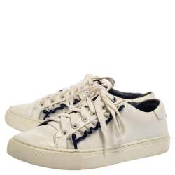 Pre Owned Tory Burch White Leather Ruffle Low Top Sneakers Size 36.5