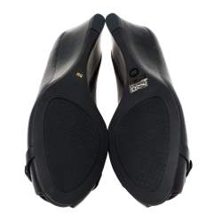 Pre Owned Tory Burch Black Leather Gabriel  Peep-Toe Wedge Pumps Size 38