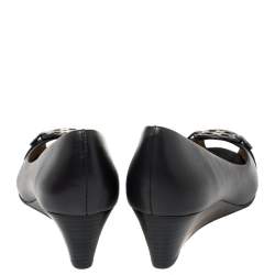 Pre Owned Tory Burch Black Leather Gabriel  Peep-Toe Wedge Pumps Size 38