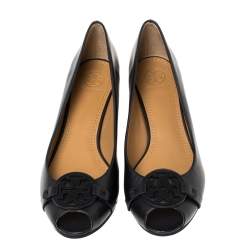 Pre Owned Tory Burch Black Leather Gabriel  Peep-Toe Wedge Pumps Size 38