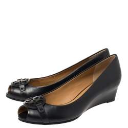 Pre Owned Tory Burch Black Leather Gabriel  Peep-Toe Wedge Pumps Size 38