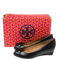 Pre Owned Tory Burch Black Leather Gabriel  Peep-Toe Wedge Pumps Size 38
