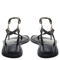 مملوكة مسبقًا Tory Burch Black Leather Logo Embellished Flat Thong Slingback Sandals Size 37