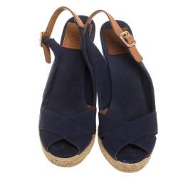 Pre Owned 37.5 حذاء إسبادريلز تورى برش كع روكى سيور متقاطعة جلد وكانفاس بنى  /أزرق مقاس 