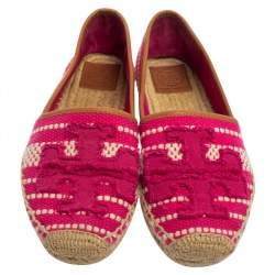 Tory Burch Pink/White Canvas And Leather Espadrille Size 38