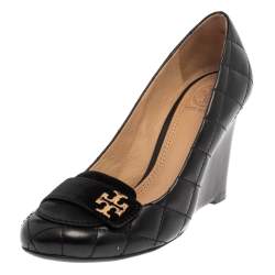 Tory Burch Black Quilted Leather Wedge Pumps Size 36.5