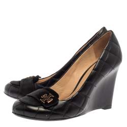 Tory Burch Black Quilted Leather Wedge Pumps Size 36.5