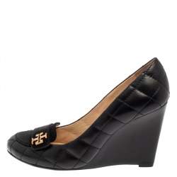 Tory Burch Black Quilted Leather Wedge Pumps Size 36.5