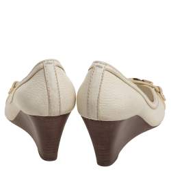 Pre Owned Tory Burch Off White Leather Logo Embellished Wedge Pumps Size 37