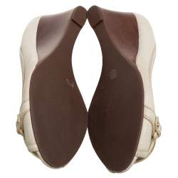 Pre Owned Tory Burch Off White Leather Logo Embellished Wedge Pumps Size 37