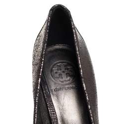 Tory Burch Metallic Grey Leather Embellished Logo Pumps Size 38.5