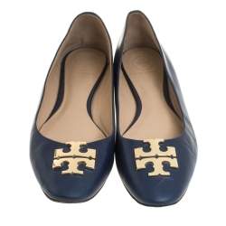 Pre Owned Tory Burch Navy Blue Leather Ballet Flats Size 38