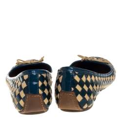 Pre Owned Tory Burch Blue/Beige Patent Leather And Woven Fabric Ballet Flats Size 37.5