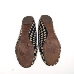 Pre Owned Tory Burch Blue/Beige Patent Leather And Woven Fabric Ballet Flats Size 37.5