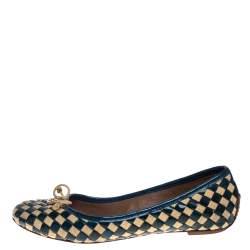 Pre Owned Tory Burch Blue/Beige Patent Leather And Woven Fabric Ballet Flats Size 37.5